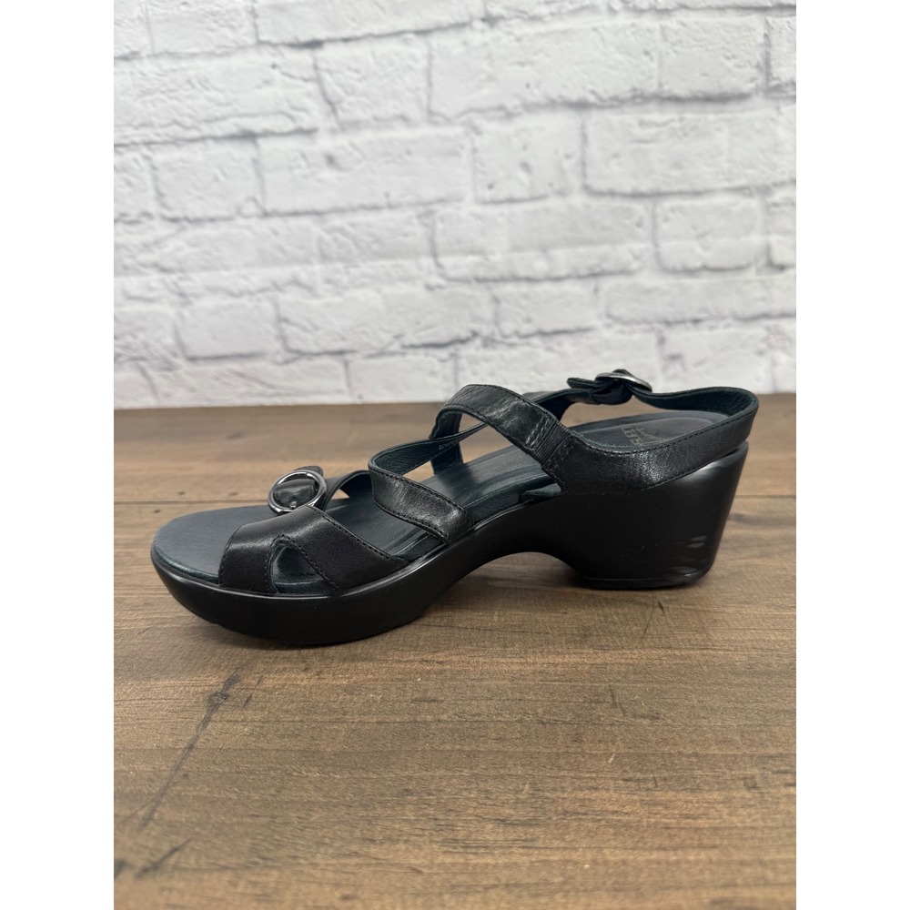 Dansko Black Leather Strappy Wedge Sandals Buckle Comfort Shoes Womens Size 38 - Picture 10 of 12